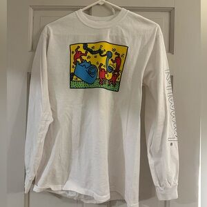 Keith Haring White Telephone Flowers Long Sleeve Shirt Graphic Men’s Medium EUC